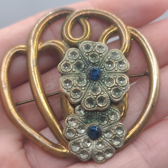 Vintage Flower Brooch Gold Tone Blue - Picture 2 of 11